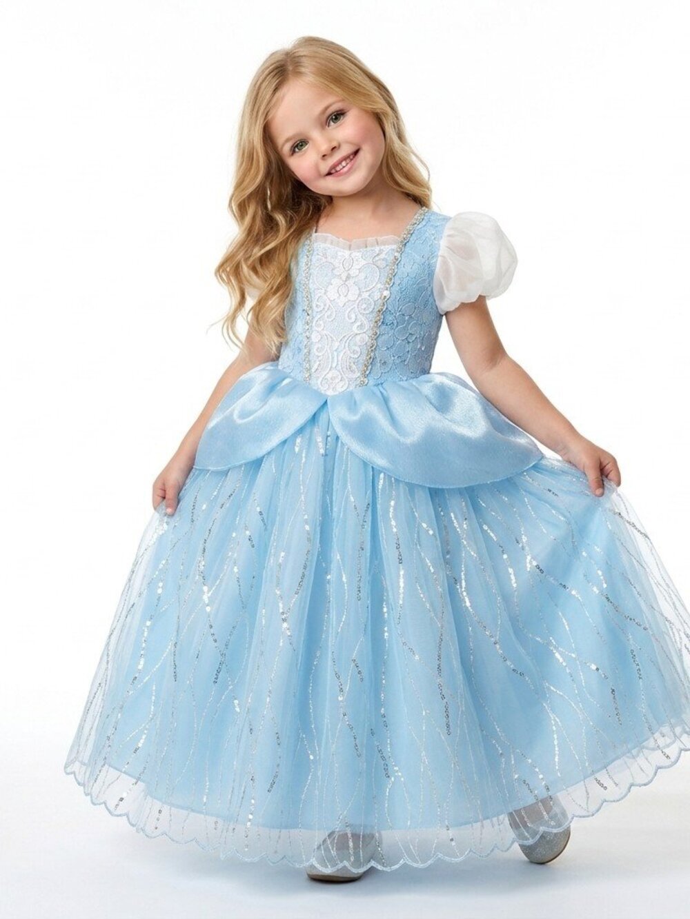 Girls Cinderella Princess Costume Dress Ice Blue Lace Tulle Birthday Party